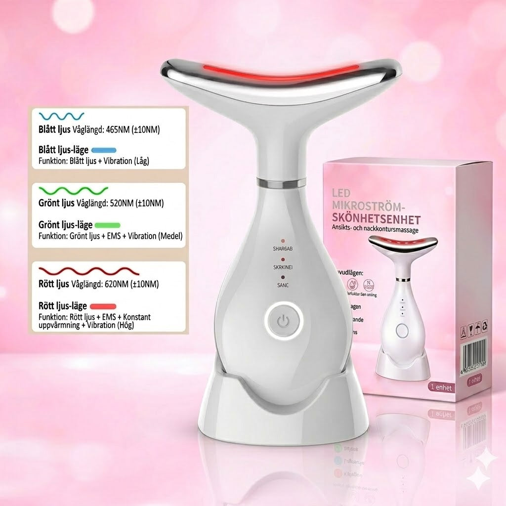 LED Nack- & Ansiktsmassager – Hudlyft & Stramning, 3 Ljusstyrkor tvc-ali-almatook