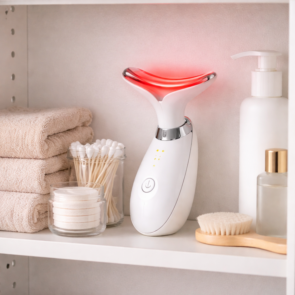 LED Nack- & Ansiktsmassager – Hudlyft & Stramning, 3 Ljusstyrkor, Vit tvc-ali-almatook